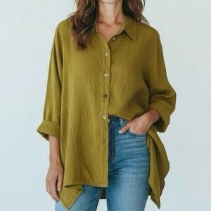 Cut Loose Moss Green 100% Linen Button Down Shirt Long Sleeve XS